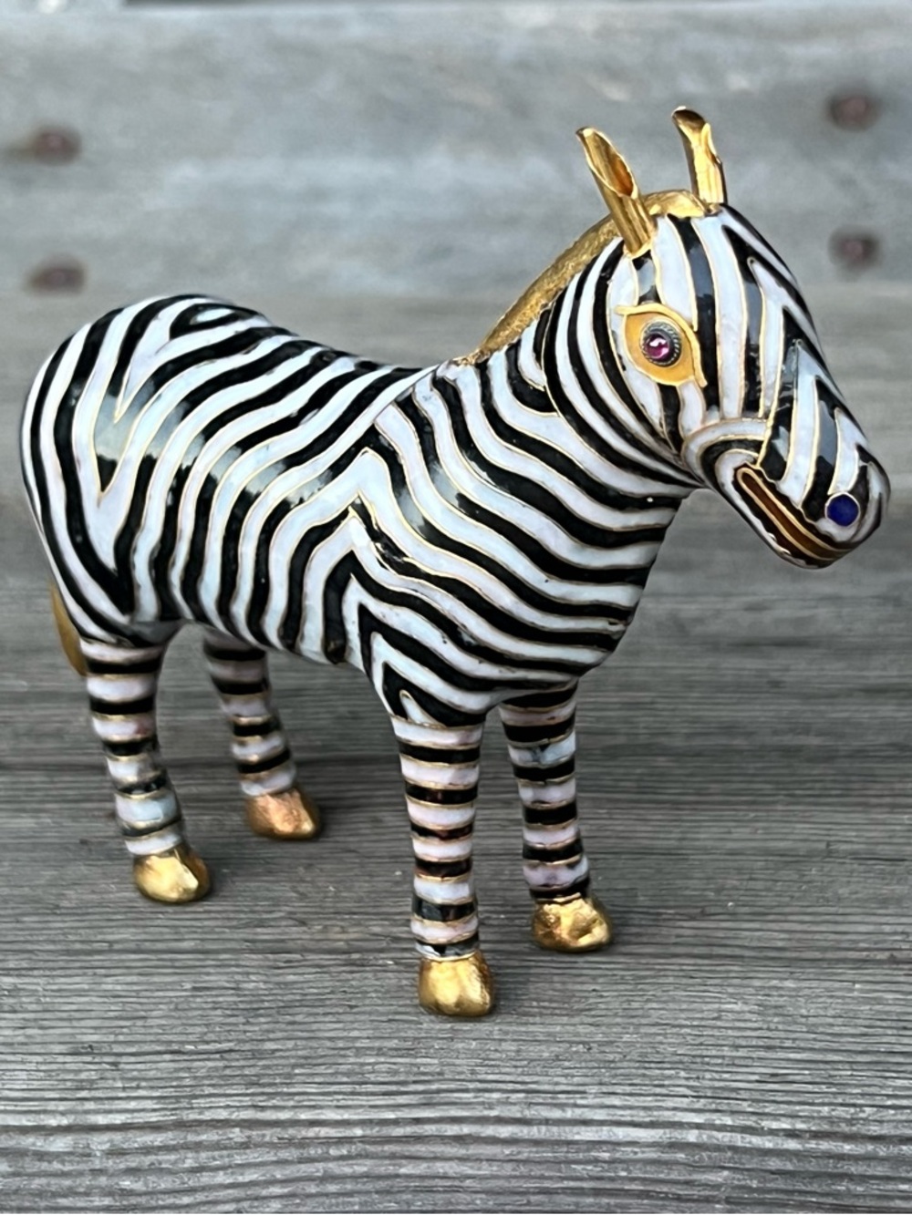 Vintage Cloisonné Zebra Figurine Rare Enamel Brass 5” Collectible